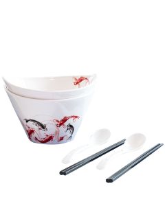 Ceramic bowl in Koi design including chopsticks and spoon approx. 1L